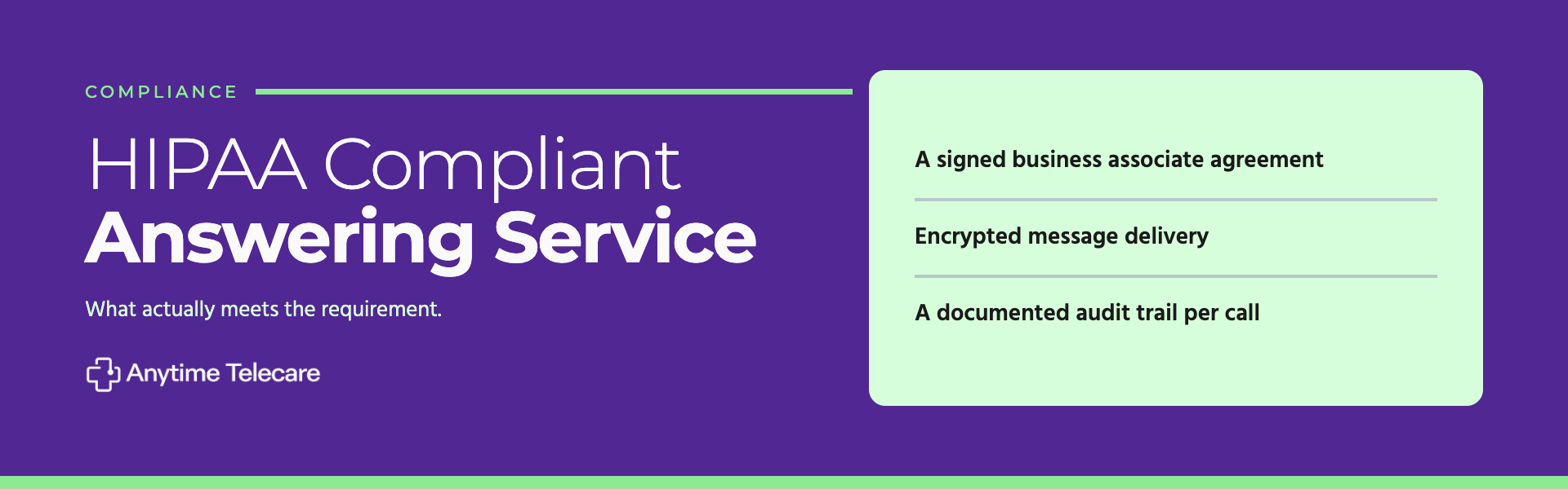HIPAA compliant answering service requirements: signed business associate agreement, encrypted message delivery, documented audit trail per call