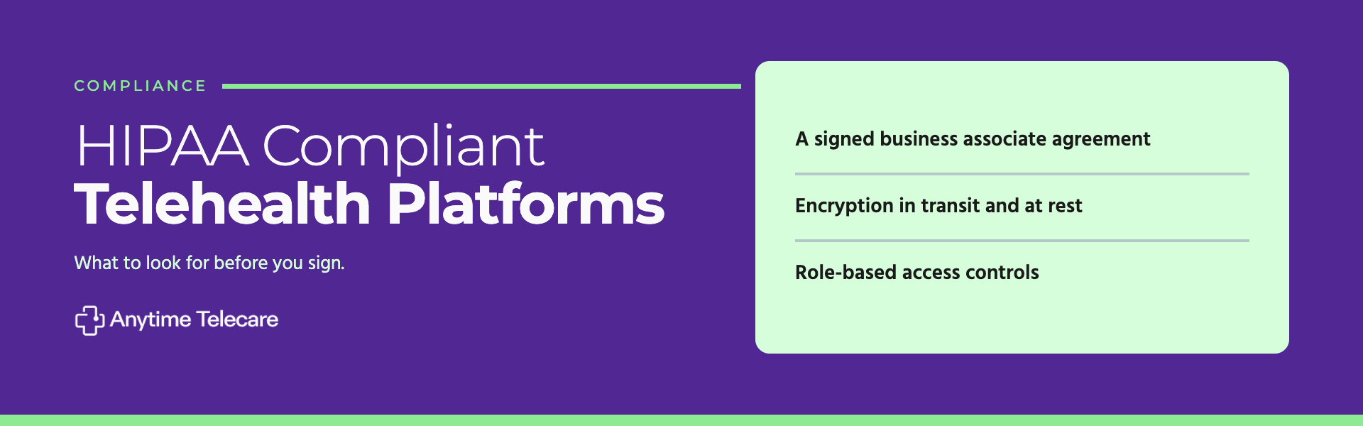 HIPAA compliant telehealth platform checklist: signed business associate agreement, encryption in transit and at rest, role-based access controls