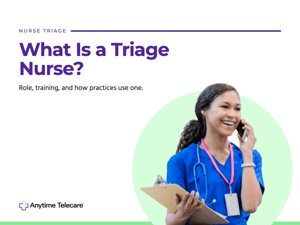 Registered triage nurse in blue scrubs taking a patient call while holding a clipboard